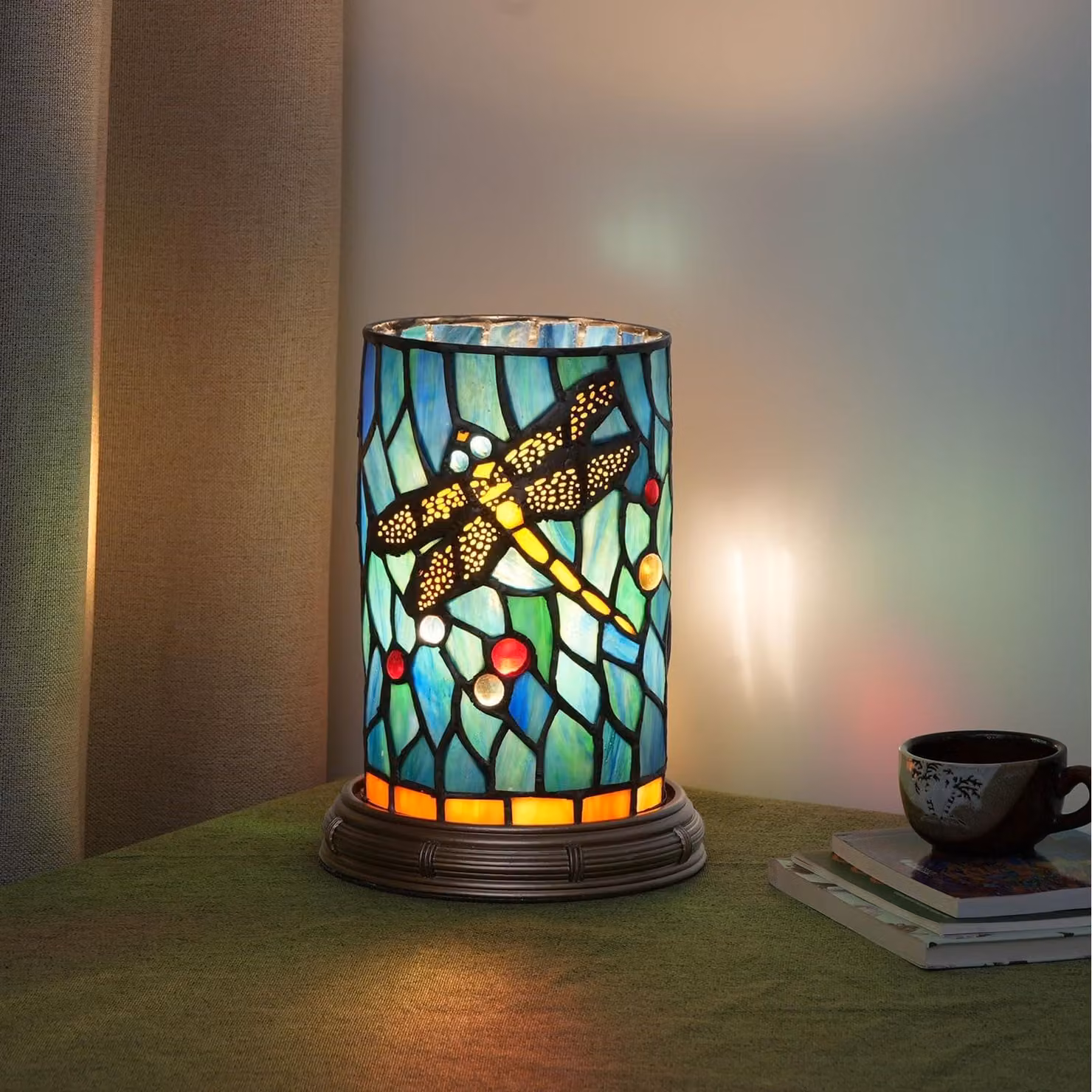 Lampada da tavolo - Tiffany - Vetro colorato blu-verde - 14,5 x 19,7 cm - E14 max 25 W