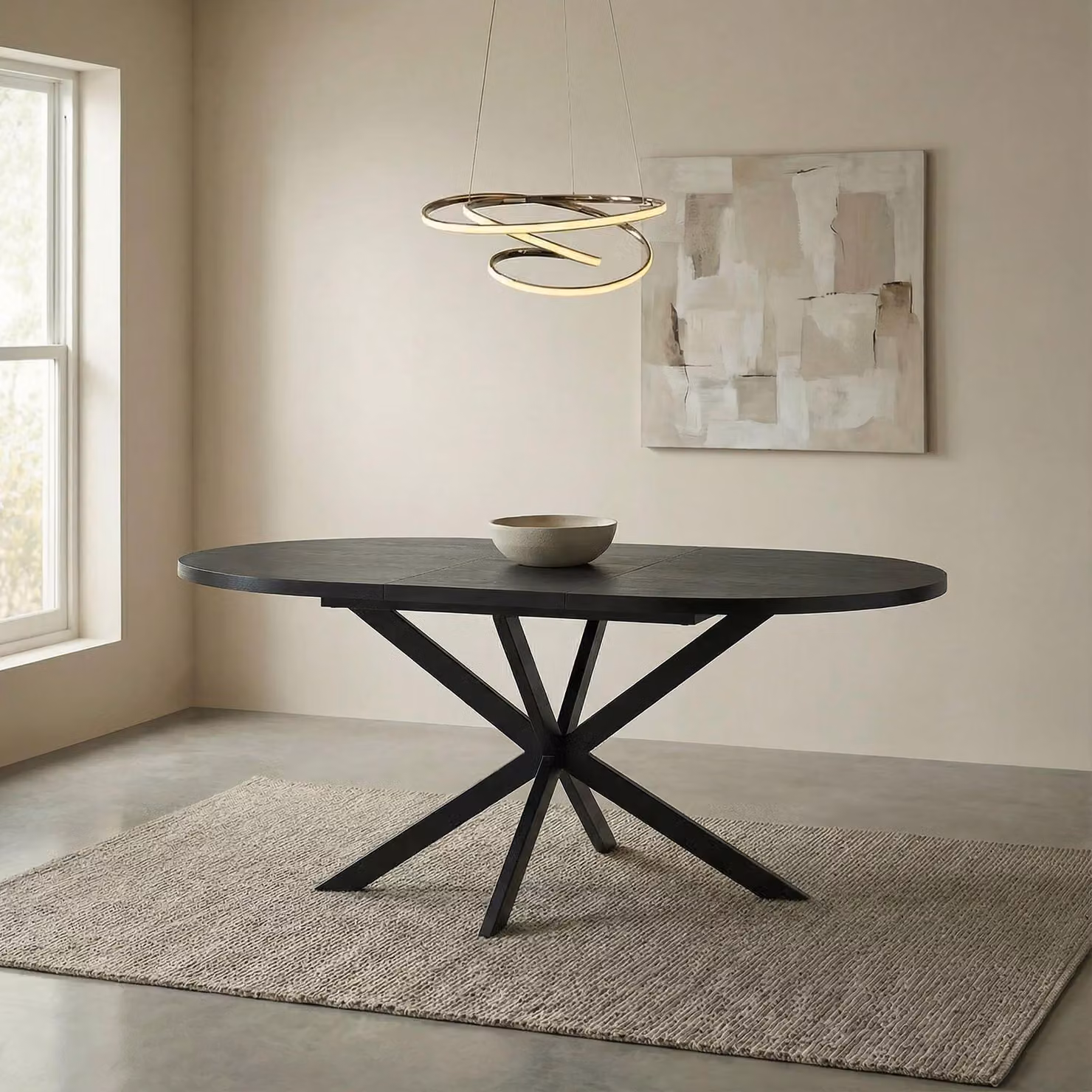 Tavolo da pranzo CHESTER rotondo 120 cm, nero - Allungabile fino a 160 cm struttura in metallo nero, piano del tavolo con decoro in legno design moderno, ideale per sala da pranzo o cucina