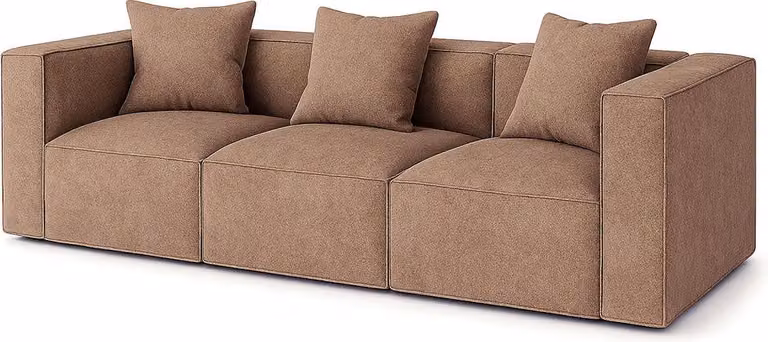 Divano a 3 posti Box, 3 cuscini decorativi beige, marrone.