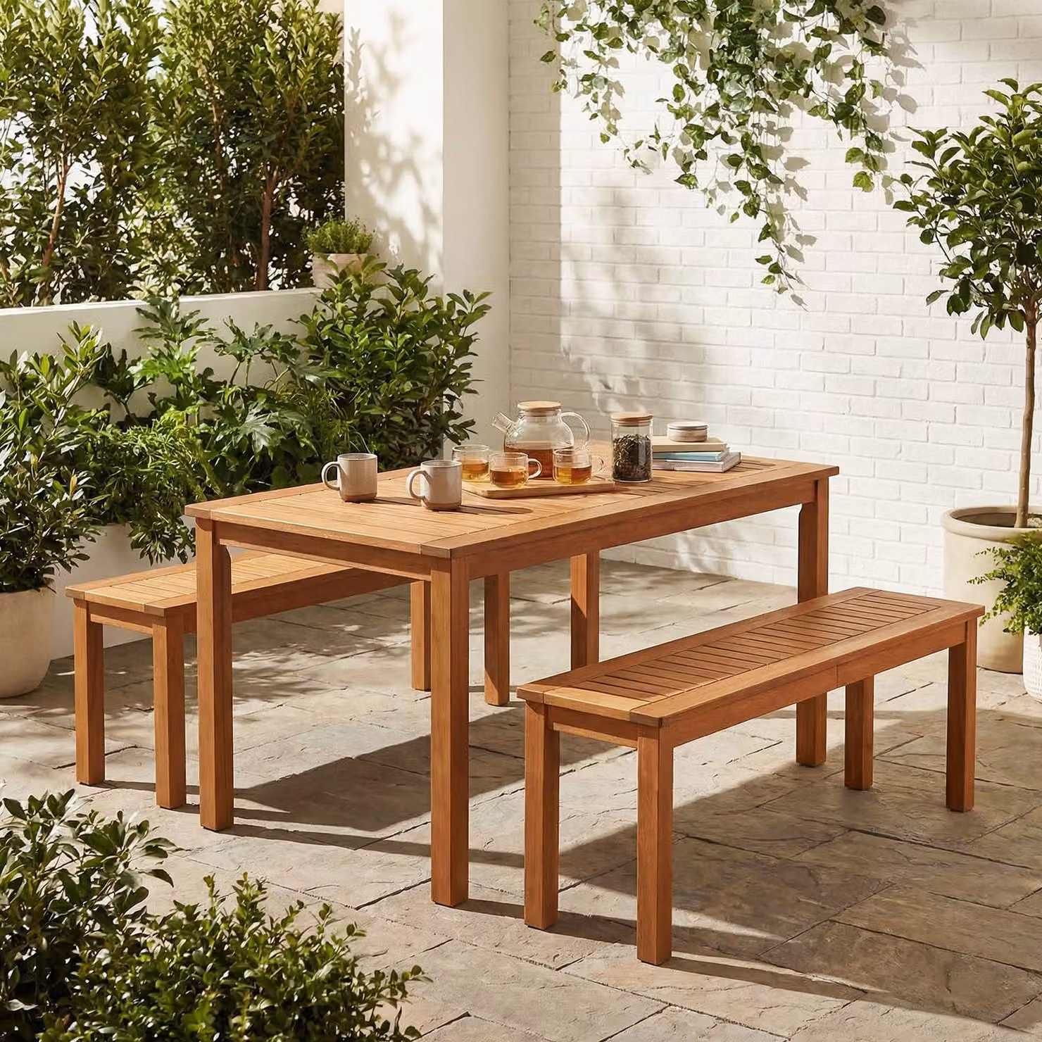 Set da giardino Costway composto da panchina a 2 posti e tavolino da caffè quadrato in legno massello colore marrone naturale