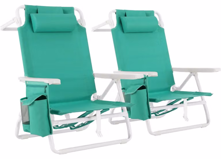 Set di 2 sedie da spiaggia pieghevoli – Sedie da campeggio portatili – Schienale regolabile in 5 posizioni – Leggere e trasportabili – Con braccioli – Verde