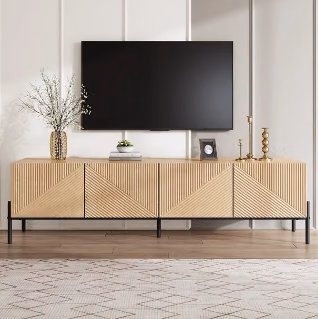 Mobile TV ULEVR 163,5x40x45 cm con 4 ante push-to-open e passacavi, MDF naturale con gambe in ferro nero