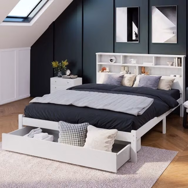 Letto matrimoniale REDOM in legno e MDF bianco con cassetti e mensola laterale 140x200 cm – 1