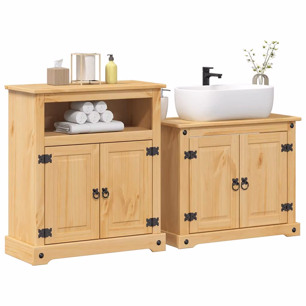 Set di mobili da bagno vidaXL Corona in 2 pezzi in legno di pino massello color marrone e beige con mobile lavabo e pensile a parete in stile rustico cerato