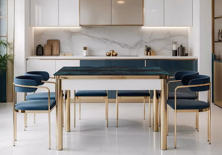 Tavolo da pranzo moderno, rettangolare, blu e oro, con finitura in marmo e struttura in alluminio, nuovo