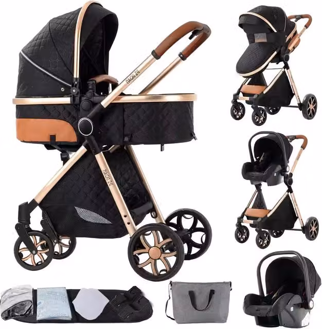Passeggino Trio 3 in 1 con Carrozzina, Seggiolino e Ovetto, Pieghevole con Sospensioni e Struttura in Metallo