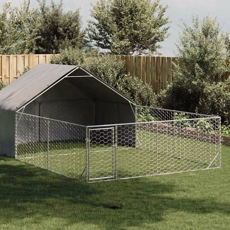 vidaXL Cuccia per Cani da Esterno con Recinto in Acciaio Zincato Grigio L: 6 m, P: 3 m, H: 1,9 m