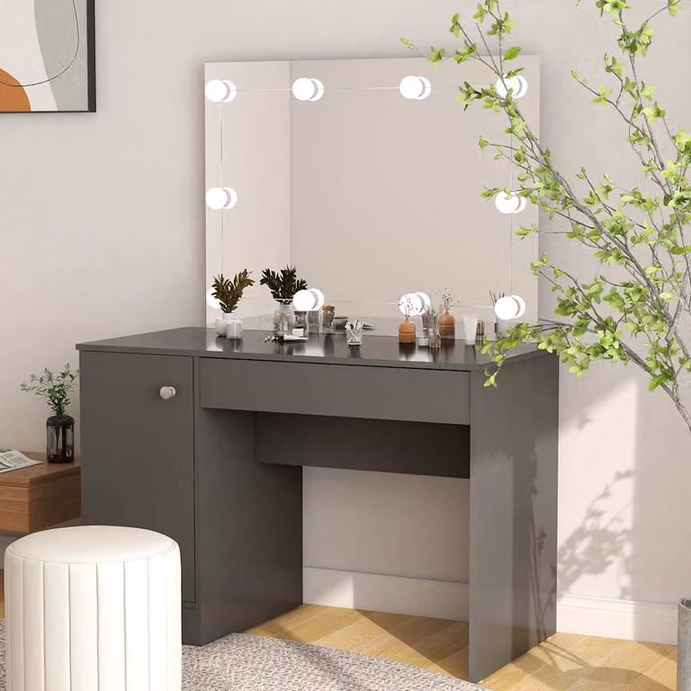 vidaXL Toeletta Hollywood con Luci LED in MDF Grigio, L: 110 cm, P: 55 cm, H: 145 cm