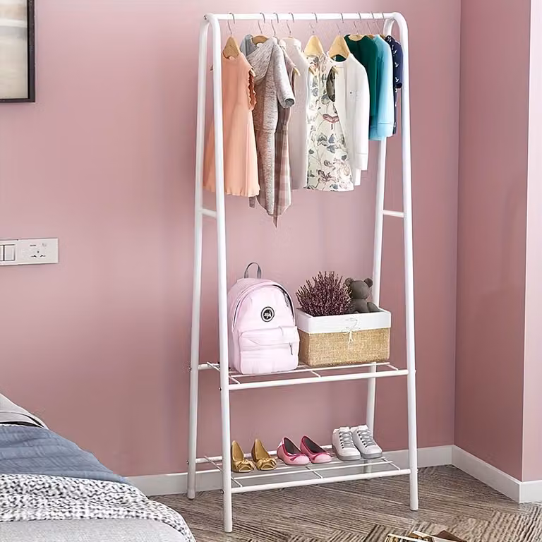 Porta abiti in metallo autoportante con ripiano per scarpe - Organizzatore per abiti con 2 ripiani, ideale per la camera da letto