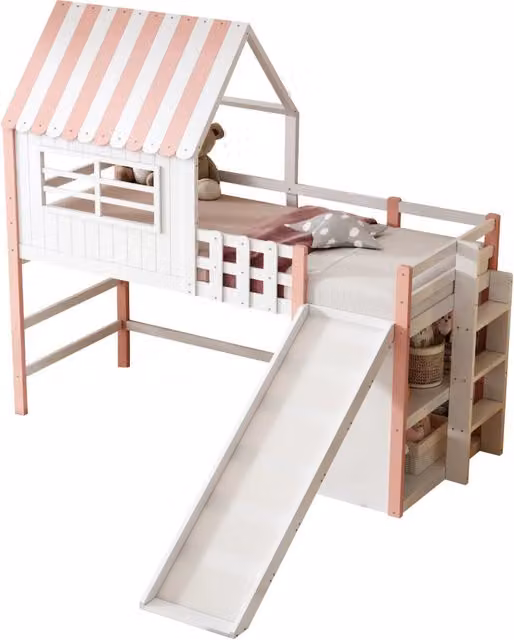Letto per bambini 90 x 200 cm in legno massello rosa con scivolo di sicurezza e scala, design a mansarda con ripiani multifunzione