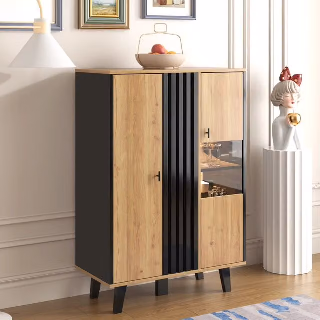 Vetrina Mivray moderna con 2 ante in vetro, illuminazione LED integrata e 3 ripiani interni, finitura nero effetto legno opaco, L: 80 cm, H: 120 cm, P: 40 cm