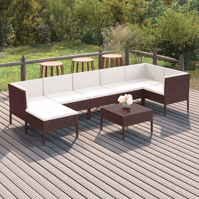 Set di divani da giardino vidaXL 8 pezzi in rattan marrone con cuscini bianchi e tavolino da esterno