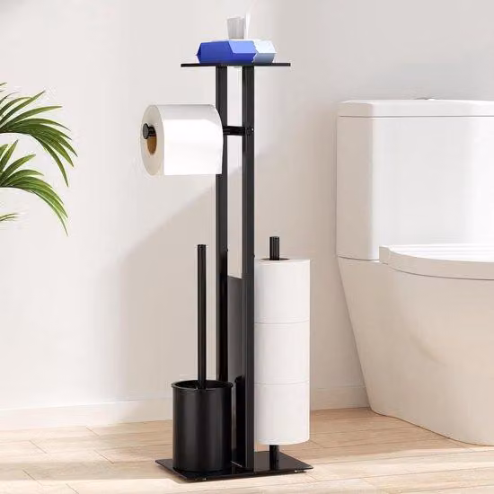 Sedile per WC singolo in acciaio inossidabile con scopino e un'elegante finitura nera opaca.