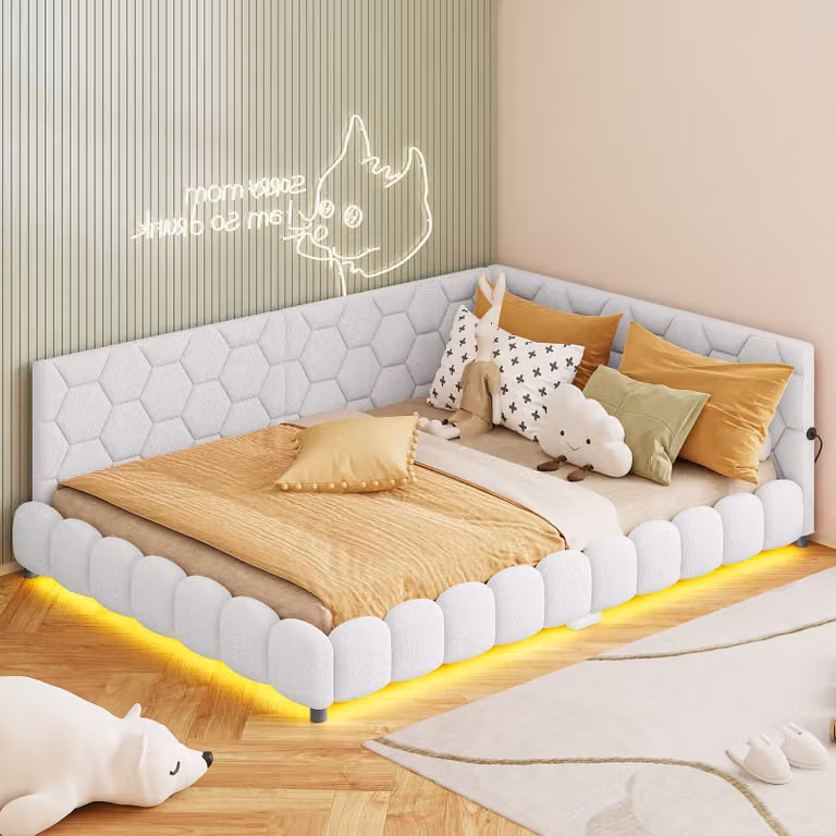 Letto imbottito Fortuna Lai 140x200 con LED e connessione USB, letto con rete a doghe, divano letto da giorno letto giovanile letto matrimoniale per soggiorno camera da letto (bianco)