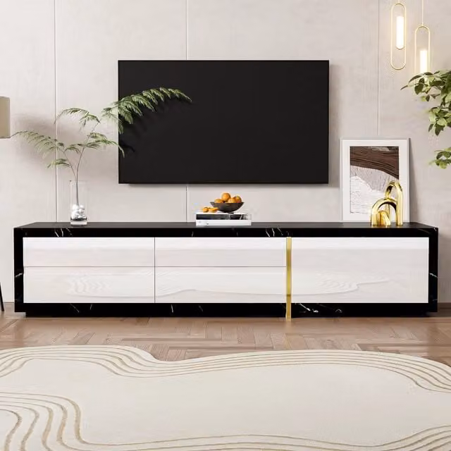 Mobile porta tv allungabile 140-260 cm girevole; bianco lucido ed effetto marmo nero; per schermi 50-59 pollici