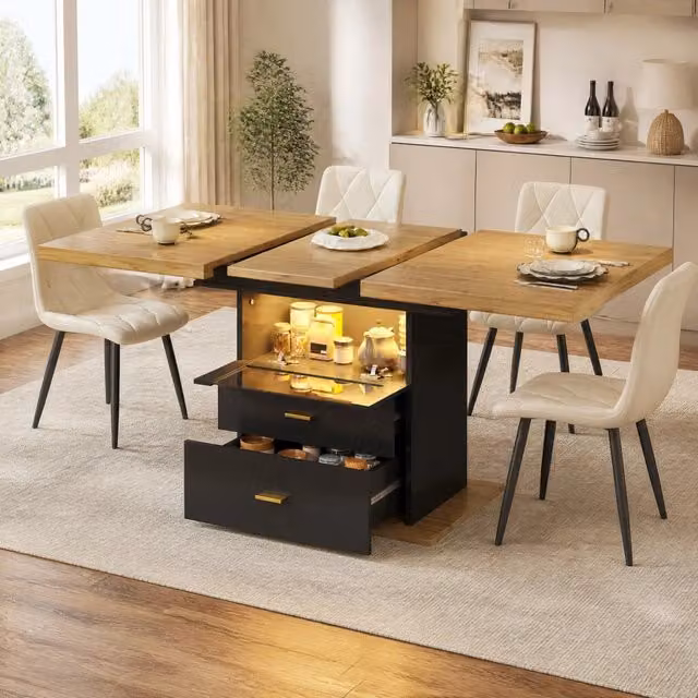 Tavolo da pranzo allungabile 110-140x80x75 cm con illuminazione LED e due cassetti, MDF e metallo, nero e effetto legno