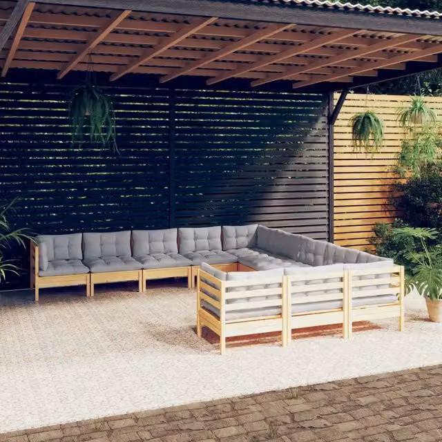 Set di divani da giardino a forma di U vidaXL in legno massello di pino con 11 pezzi e cuscini grigi