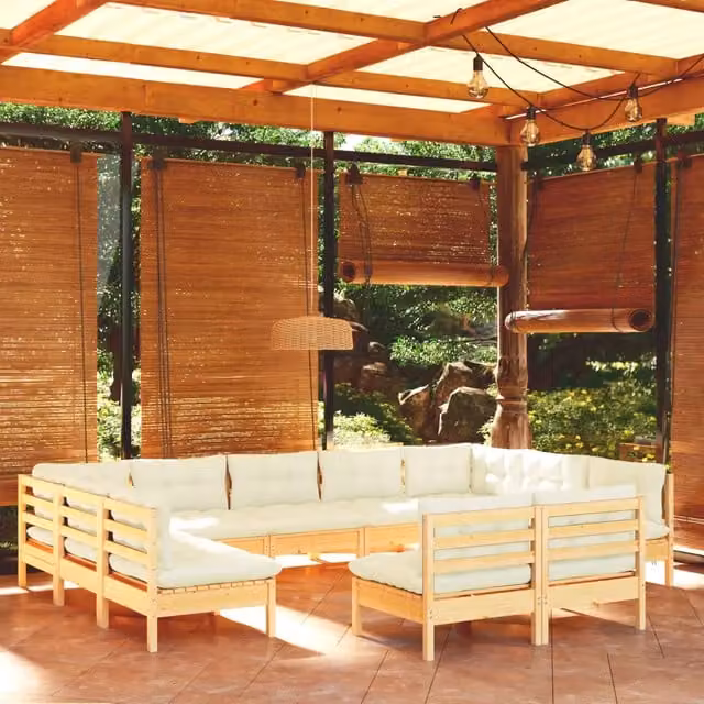 Set di Divani da Giardino a L vidaXL in Legno di Pino con Cuscini Beige 11 Pezzi