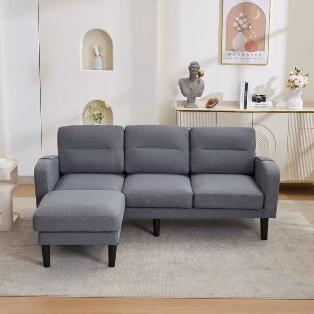 Divano ad angolo, divano a L a 3 posti, con poggiapiedi, 204x136x80 cm, grigio