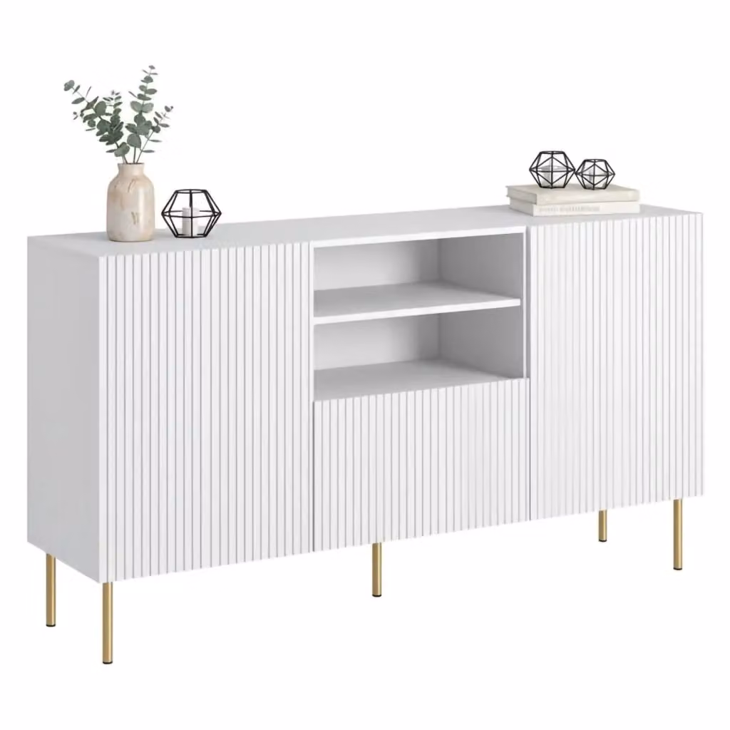 Credenza Stornara DMORA, Madia da salotto con effetto cannettato e dettagli oro, Bianco, L: 150 cm, P: 42 cm, H: 82 cm – 2