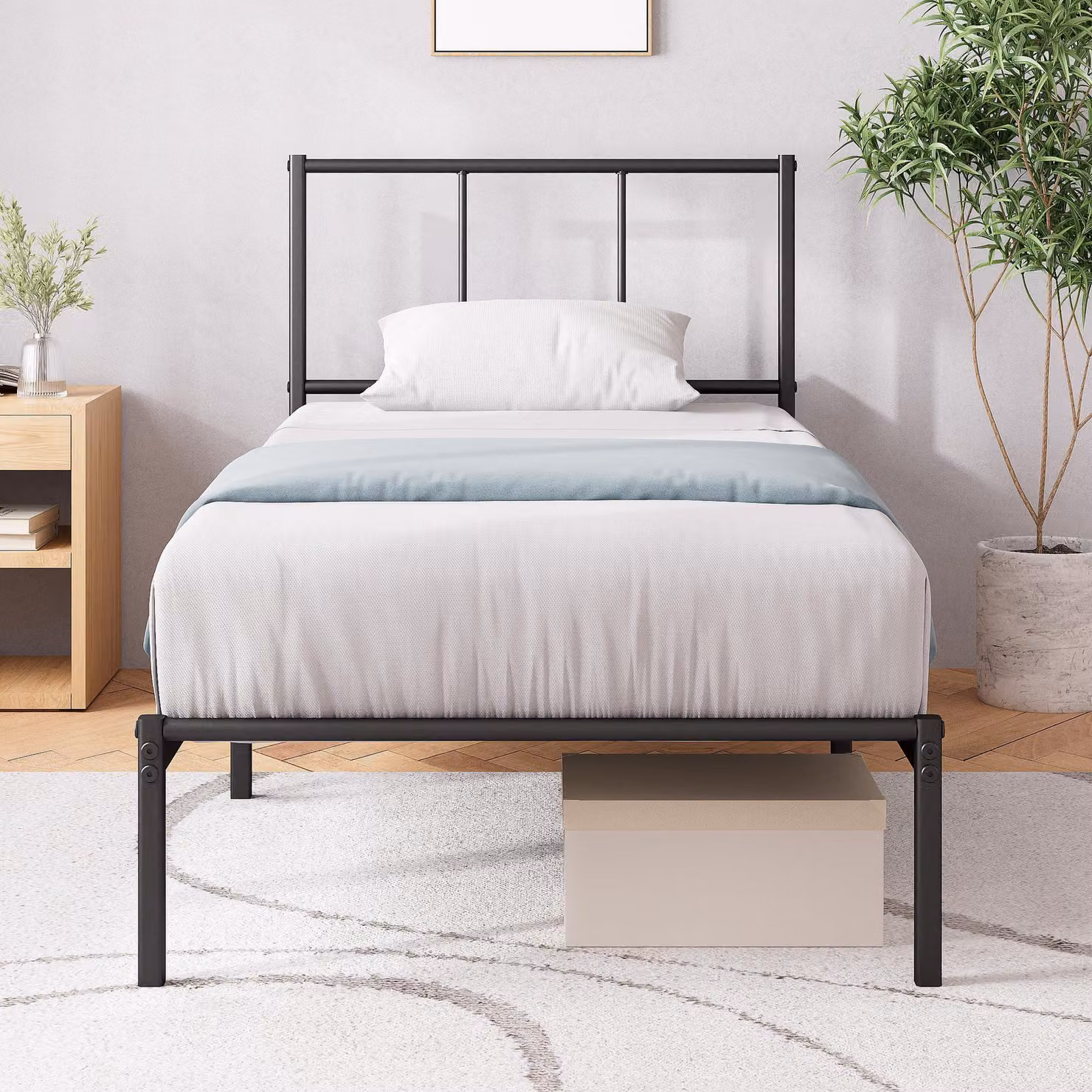 Letto matrimoniale in metallo, dimensioni 190x90 cm, con testiera, rete a doghe, spazio contenitivo, colore nero