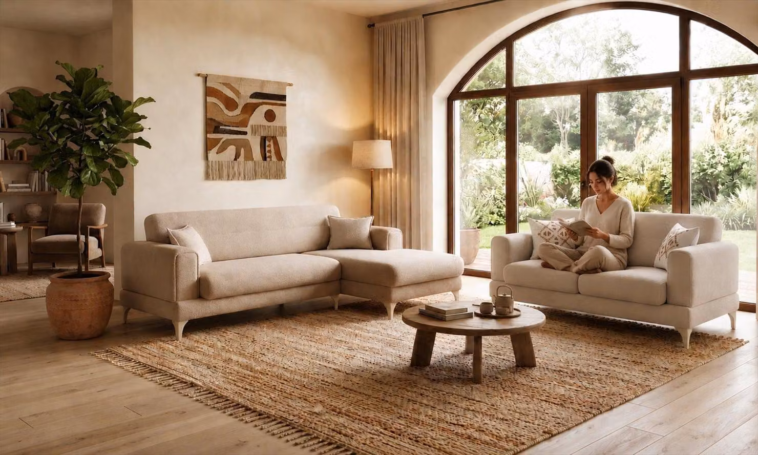 Set per soggiorno: divano angolare a 3 posti, divano a 2 posti, colore beige, tessuto, design moderno