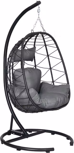 Sedia sospesa in rattan, alta 195 cm, con struttura, cuscino e copertura impermeabile, per uso esterno e interno, portata massima 150 kg.