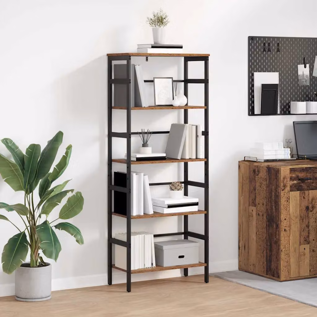 Libreria industrial vidaXL a 4 livelli in legno e metallo, L 60 cm x P 29,5 cm x H 149 cm, nero e marrone