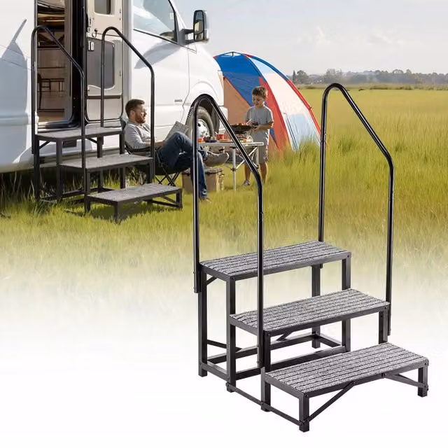 Scaletta per Camper a 3 Gradini in Acciaio Inox con 2 Corrimani Antiscivolo, Colore Nero, H x L x P: 131 x 74 x 78 cm