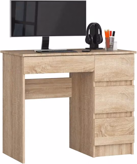 Scrivania per computer Akord A7 in finitura Sonoma Quercia con 4 cassetti, modello a destra, L 90 cm x P 50 cm x H 77 cm