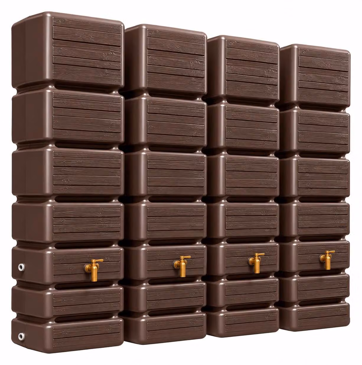 Set completo per serbatoio a parete 4rain SLIM WOOD DECOR da 1400 litri, finitura darkwood, 4 serbatoi SLIM da 350 L con set di collegamento, rubinetto di scarico in plastica e raccordo per tubo di scarico