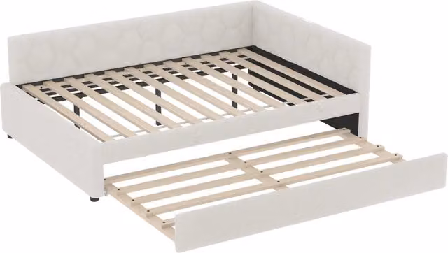 Letto giorno 140x200 cm con letto estraibile, struttura in MDF e rivestimento in tessuto simil velluto bianco, con lampada da comodino e prese USB/Type-C