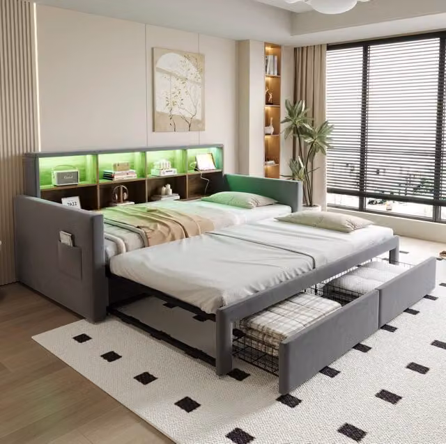 Divano letto imbottito estraibile 90x190 cm in velluto grigio con LED, prese e cassetti
