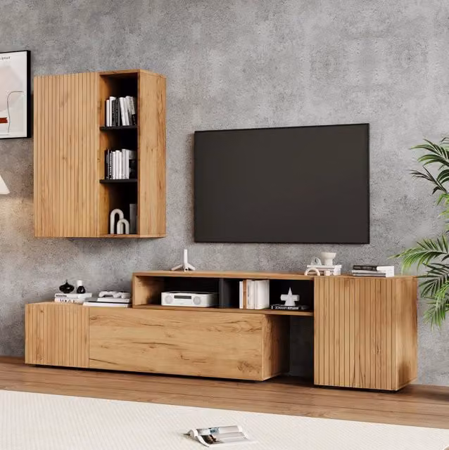 Set mobili TV con pensile; lunghezza regolabile 174-265 cm; truciolare; rovere e nero