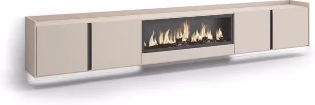 Mobile TV Soggiorno, 315x50x35 cm, Per TV fino a 80", Camino elettrico XXL, Sospeso, da appendere, LED, Beige