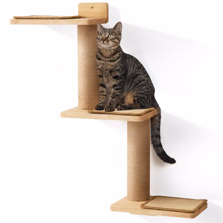 Pannello da parete per gatti in legno di gomma naturale, con tiragraffi in iuta