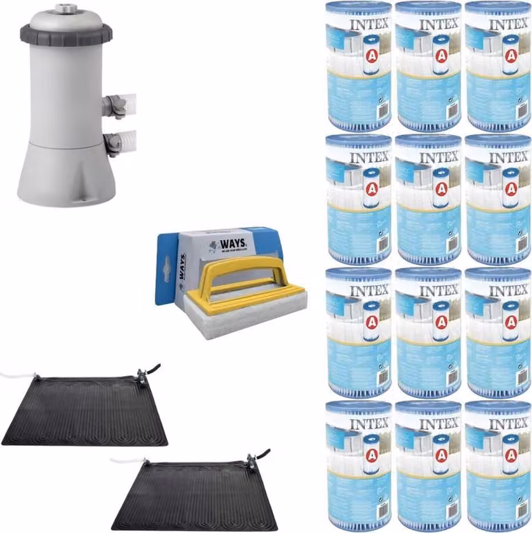 WAYS - Cura della piscina - 2x riscaldatore per piscina e pompa filtro 2271 L/u & 12 filtri tipo A & spazzola WAYS per il lavaggio