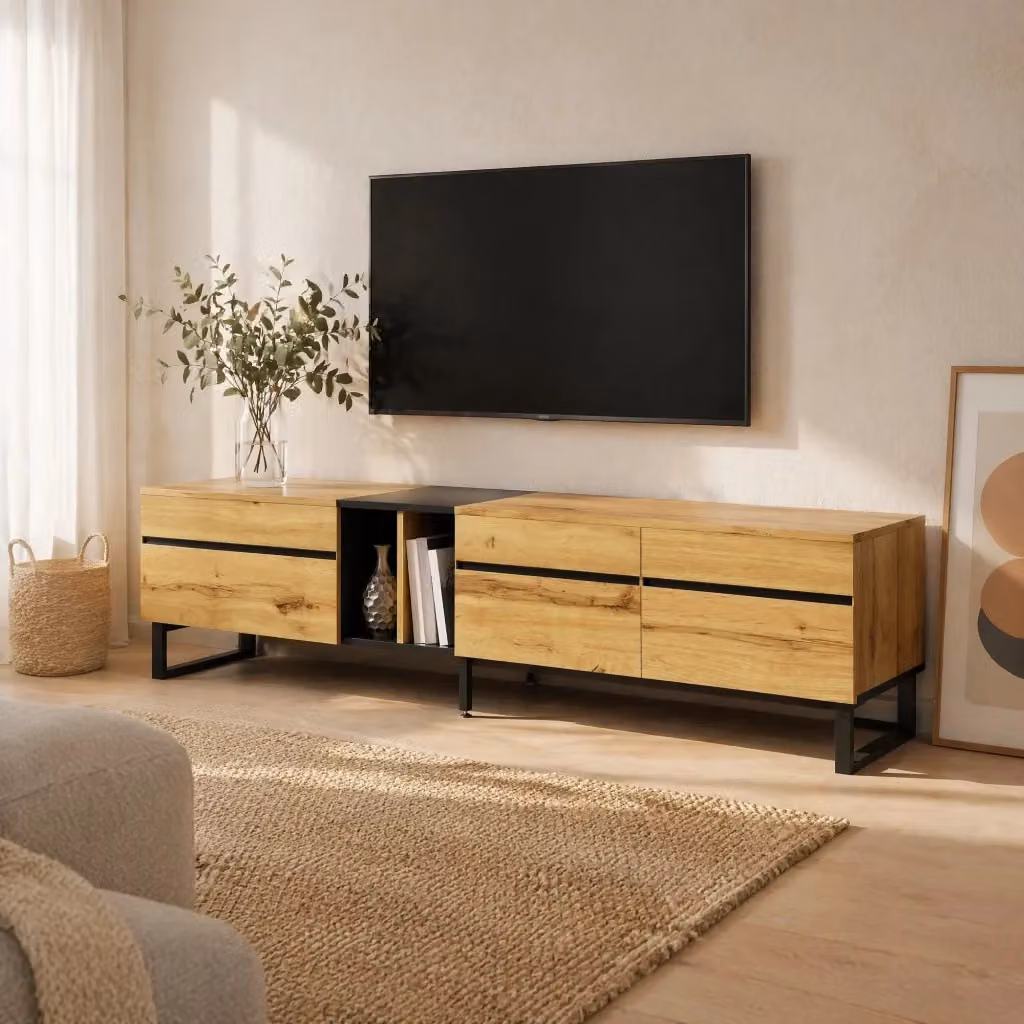 Mobile TV moderno REDOM colore legno marrone con vani e ante, L: 180 cm, P: 38 cm, H: 45 cm – 2
