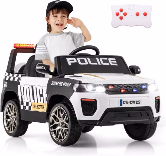 Auto della polizia per bambini con telecomando connessione wireless musica clacson sirena e luci LED, Auto elettrica Bianco