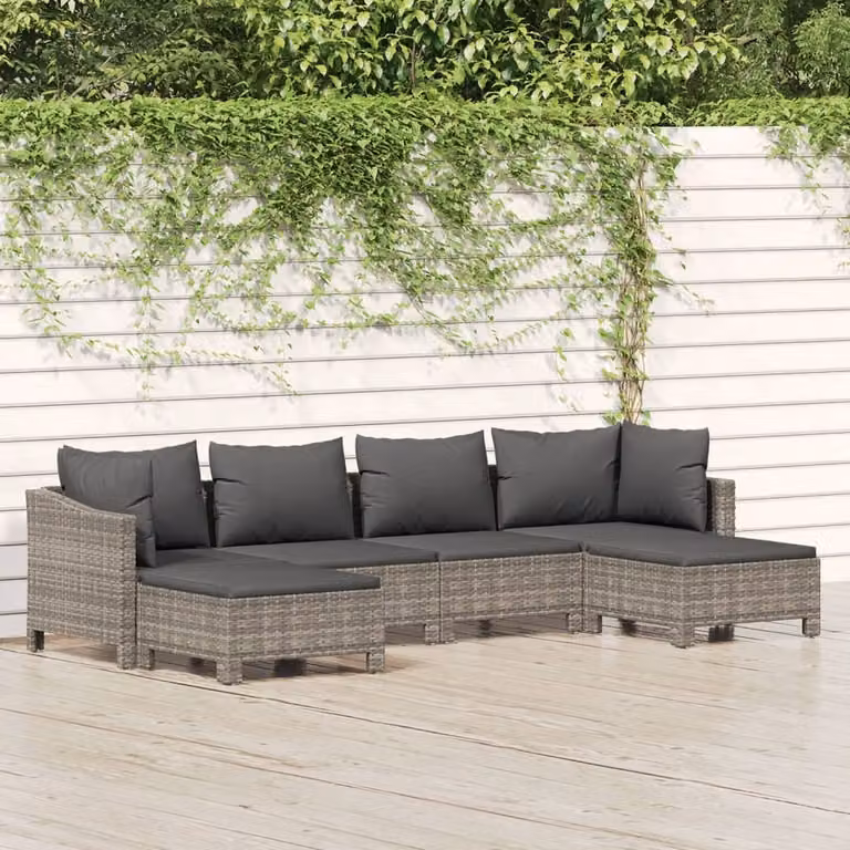 Set di divani da giardino vidaXL in rattan grigio con cuscini, design moderno a forma di L con elementi angolari e pouf