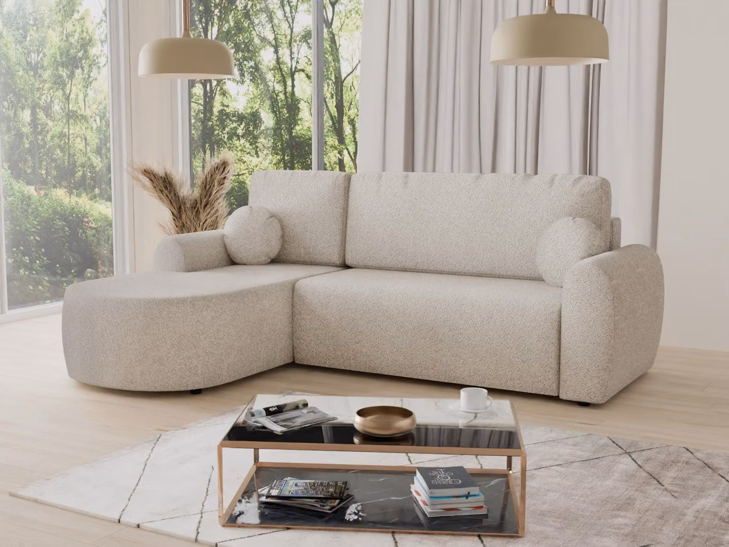 Divano ad angolo Jazz con funzione letto e contenitore - Tessuto bouclé - Divano a L, divano imbottito, divano letto, set divano, divano letto (Beige (Coral 65), divano ad angolo con apertura a sinistra)