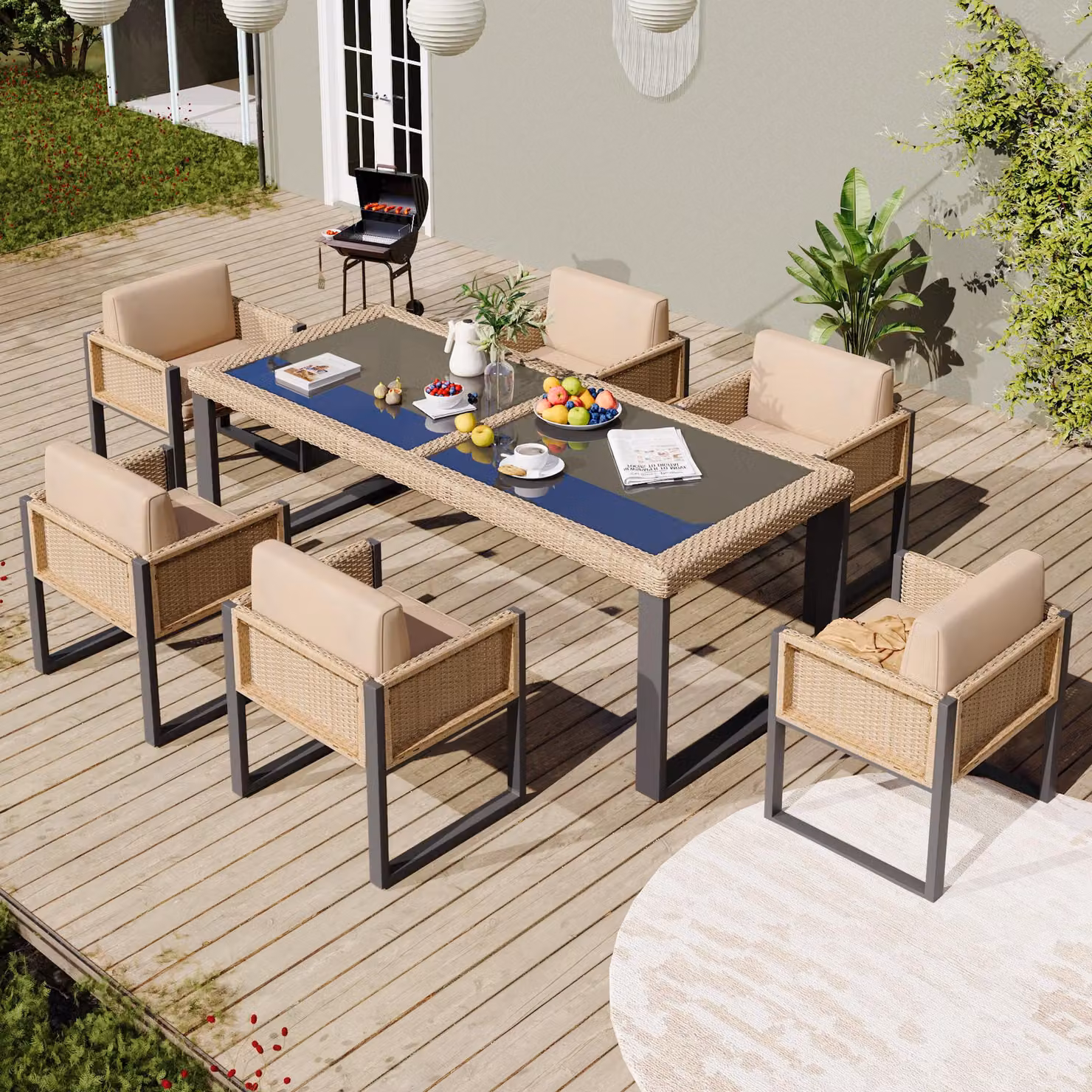 Set da giardino moderno GL Store composto da 1 tavolo rettangolare con piano in vetro temperato e 6 sedie in polyrattan, colori Marrone e Nero – 2