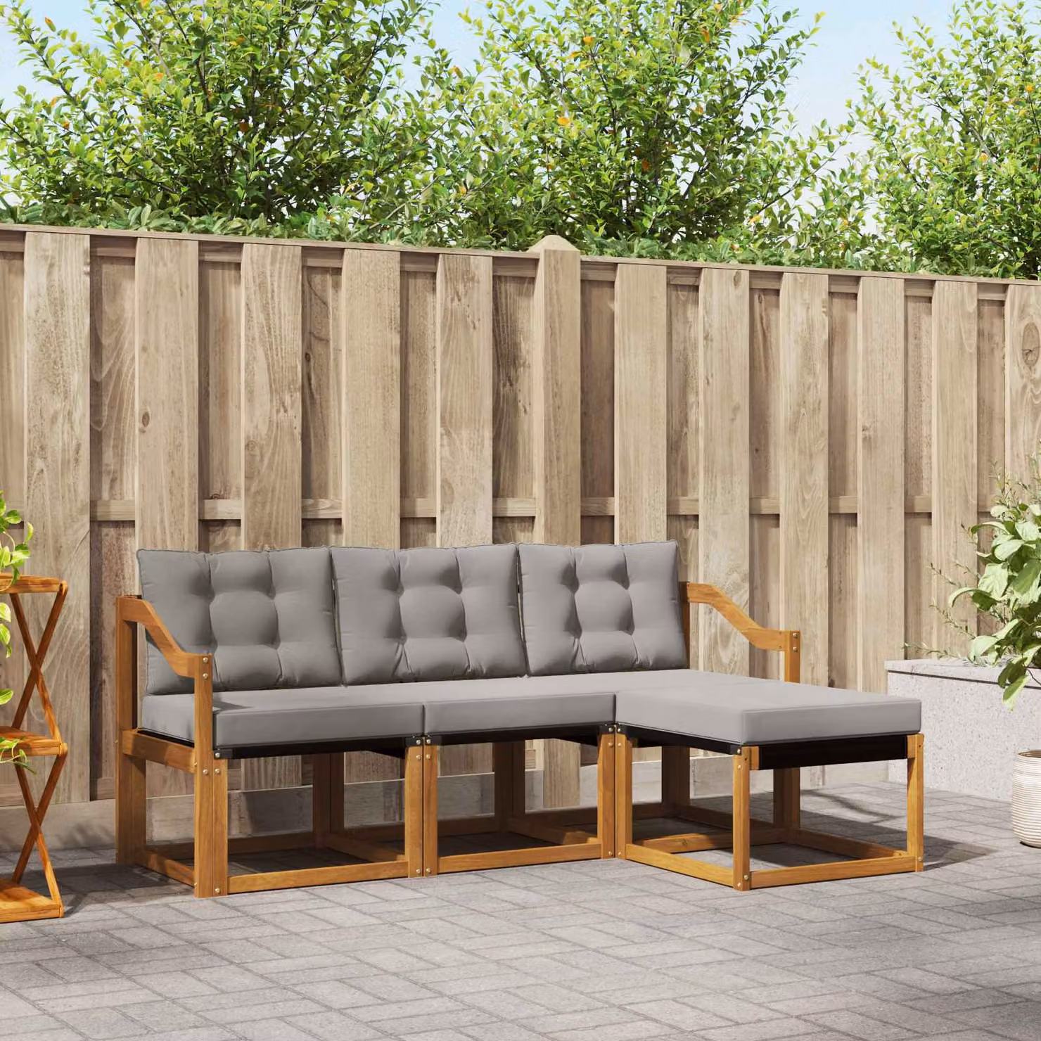 Set di divani da esterno vidaXL a forma di L con pouf, struttura in legno di acacia e tessuto textilene, colore grigio e marrone