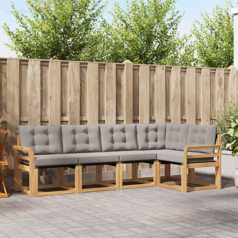 Set di divani da esterno a L vidaXL in legno di acacia con cuscini bianchi e grigi