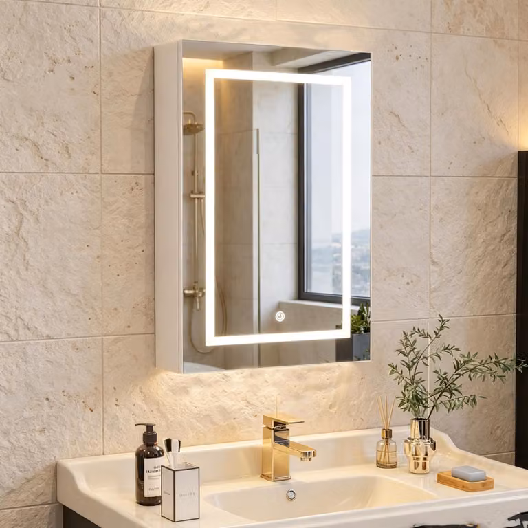 INONEFT Specchio da bagno con illuminazione LED a 3 colori, 50x12,5x70 cm, mobiletto con 1 anta, ripiano in vetro e interruttore touch, funzione di memoria, colore bianco