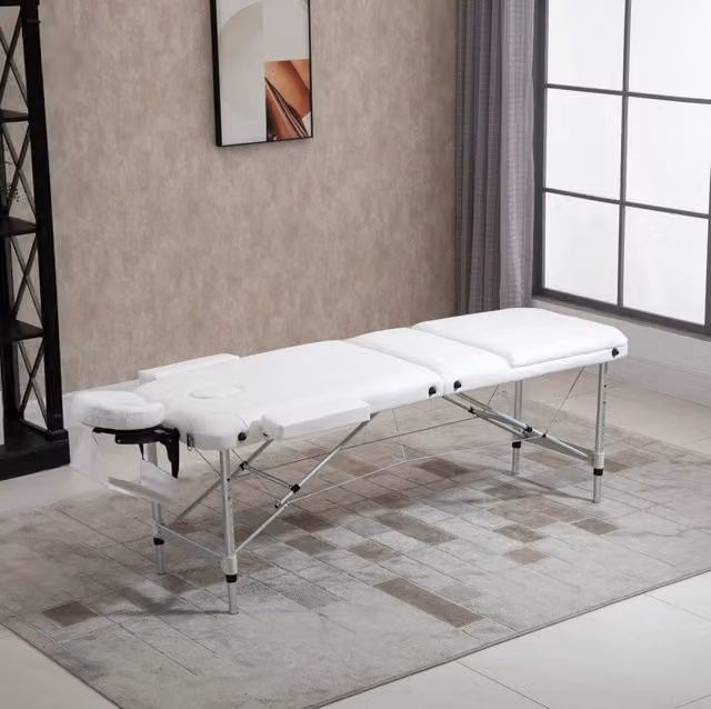 Lettino da massaggio pieghevole ULEVR 215x60 cm regolabile in altezza, con poggiatesta e braccioli, bianco
