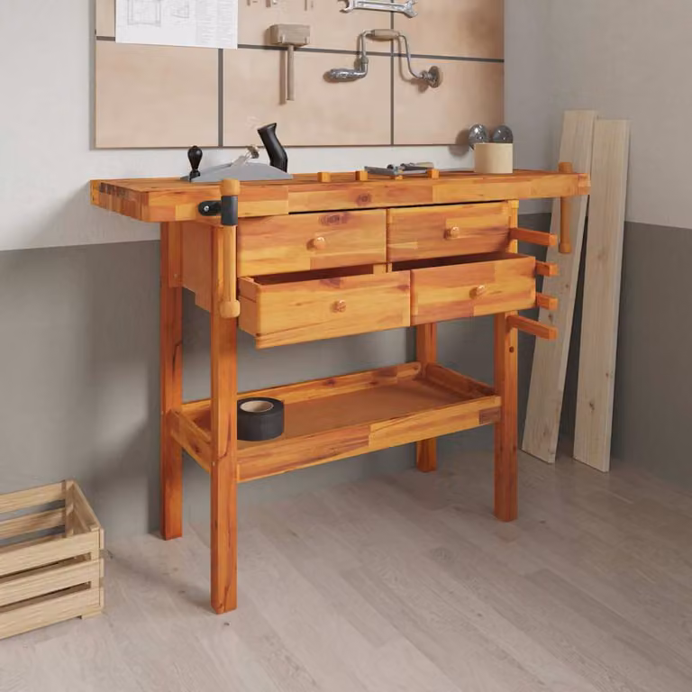 vidaXL Banco da Lavoro in Legno di Acacia con Cassetti e Morsetto, Marrone, L 124 x P 52 x H 83 cm