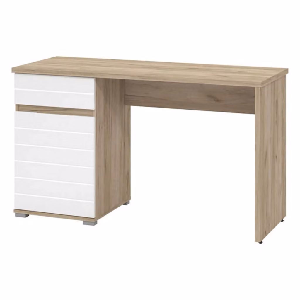 Scrivania moderna DMORA con un cassetto, finitura rovere marrone e bianco, L 130 x P 50 x H 75,5 cm – 2