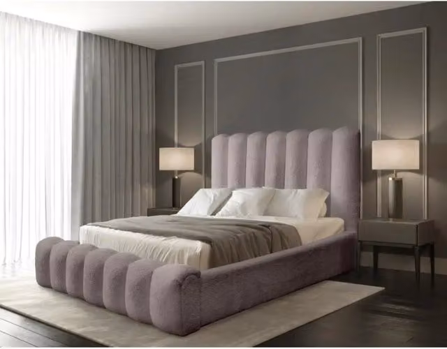 Letto contenitore BADJA Meublorama in tessuto bouclé beige e grigio con rete sollevabile L/P: 140 x 200 cm