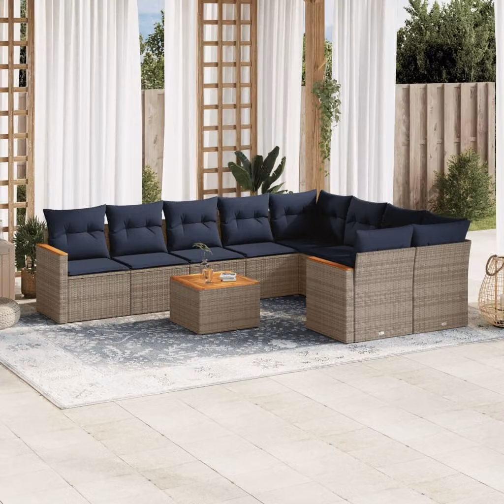 Set di divani da giardino vidaXL in polyrattan con cuscini e tavolino da esterno, design moderno a forma di L, colore grigio e blu